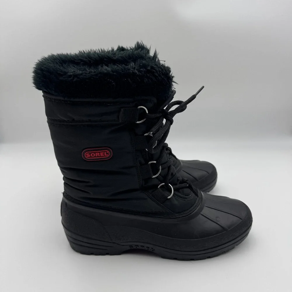 Sorel Winter Carnival Black Nylon Faux Fur Snow Boots Womens 9 Made in Canada